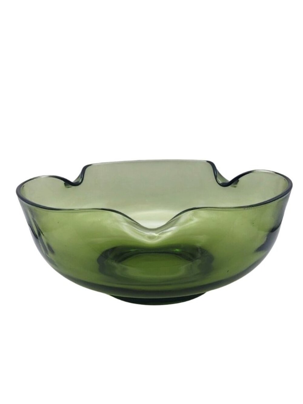 Anchor Hocking Glass Serving Bowl Chip Popcorn Avocado Green Pinched Vintage MCM